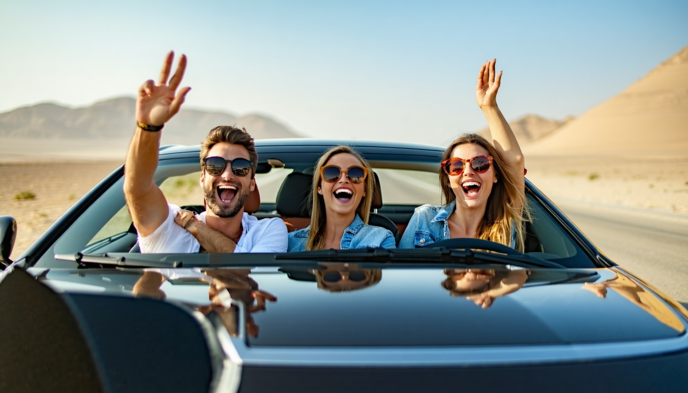 Happy travellers enjoying a scenic drive on a UAE road trip