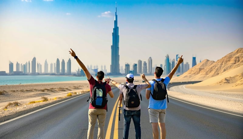 Scenic road trip in Dubai with travel group enjoying the view